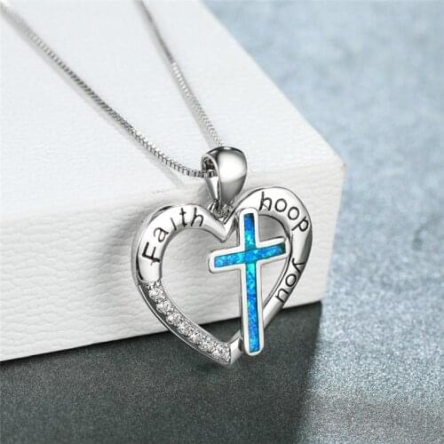 Charm Silver Color Chain Necklace Cute Crystal Love Heart Wedding Necklace Vintage Female Cross Opal Pendant Necklaces For Women