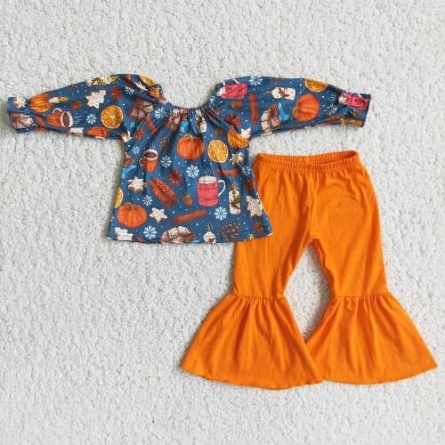 Fall Long Sleeve Clothes For Children Fashion Girl Halloween O-Neck Tunic Top With Pumpkin Print Match Orange Color Bells Outfit