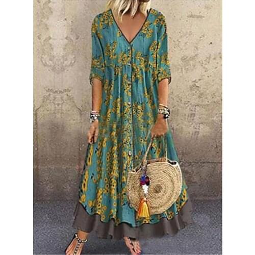 Fake Two-piece Three-quarter Sleeves Vintage Print Green Female Dress Elegant High Quality Loose Sweetwear V-neck Women Dresses