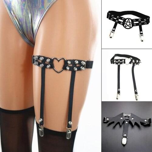 Womens Sexy Elasticity Harness Heart Leg Chain Garter Belts Cosplay Spike Elastic Thigh Ring Garter