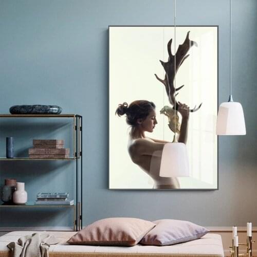 Modern Canvas Wall Art Poster Beautiful Girl With Antlers Decor For Office Living Room