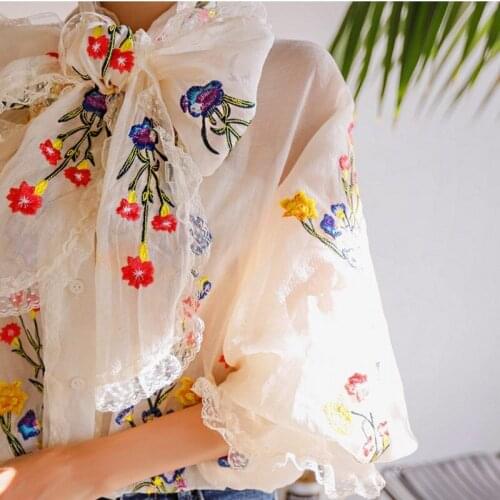 Women Blouse Luxury Embroidery Floral Blouses Long Lantern Sleeve Loose Casual Elegant Tops Ladies Sweety Big Bows Blouse 2020