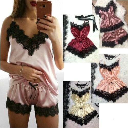Womens Sleepwear Sexy Satin Pajama Set Black Lace V-Neck Pyjamas Sleeveless Cute Top and Shorts