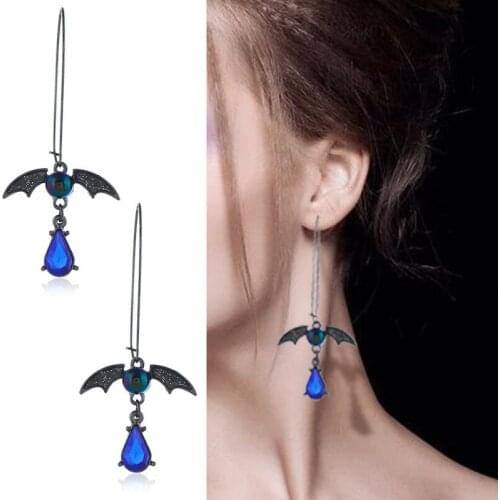 JOUVAL Gothic Bat Angel Wings Blue Rhinestone Women Drop Earrings Female Tiger Eye Pendant Long Dangle Earring Hanging Brincos