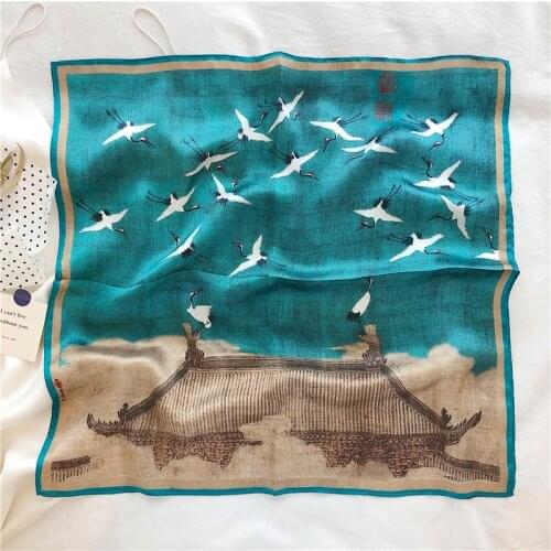 Luna&Dolphin Women Small Square Scarf 53x53CM 100% Silk Oil Painting Crane Starry Bandanas Headbands Suit Kerchief Neckerchief