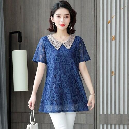 Pullover Solid Wome Blouse Summer 2021 New Lace Top Loose Medium Length Womens Short Sleeve Harujuku Lace Blouse Shirs 904i