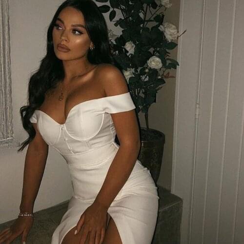 Babatique New Arrival White Bandage Dress Off Shoulder V Neck Midi Woman Bodycon Dress Celebrity Party Dress
