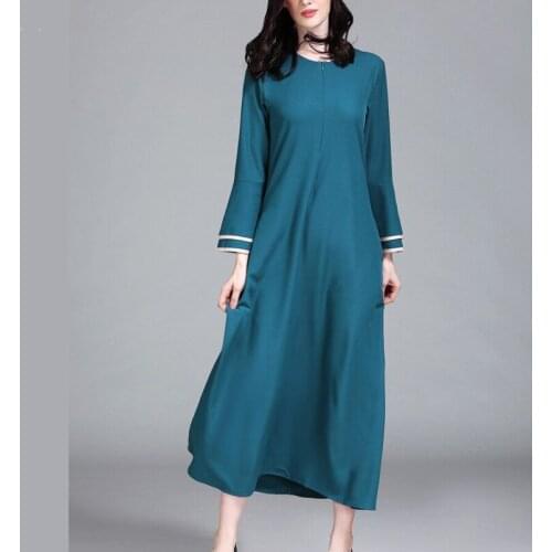 2021 New Muslim Womens Dress Arab Womens Robe Islamic Girls Middle East Clothes Spring, summer and Autumn Long Skirt Blue