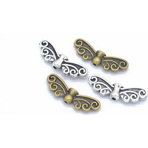 100pcs 22x7mm Vintage Antique Bronze/Silver Plated Alloy Angel Wing Beads For Bracelet Earrings Jewelry Making
