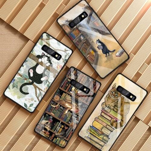 Cats and the library tree Tempered Glass Phone Case For Samsung Galaxy A6 A6S A8 A8S J6 J8 2018 S8 S9 S10 PLUS NOTE 8 9
