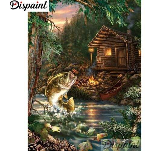 Dispaint Diamond Painting"House fish landscape"Cross Stitch Custom Photo Diamond Embroidery Square Round Drill Home Decor A27509