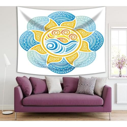 Tapestry Sea Sky and Sun Nature Landscape Fun Decorative Doodle Artwork Blue Yellow
