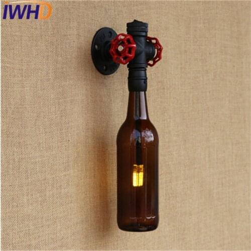 IWHD Loft Style Glass Bottle Water Pipe Lamp Wall Sconce Switch LED Industrial Vintage Wall Light Fixtures Indoor Lighting