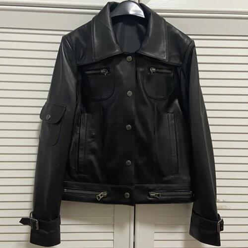 GU.SEEMIO Factory Women Genuine Leather Jacket 100% Sheepskin Lamb Lady Thin Coat Fashion Motorcycle Jacket High Quality