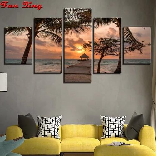 5pcs diamond Painting Full Square Drill Seaside Bridge Handmade Diamond Embroidery Diy Sunset Coconut tree Scenery Home Decor