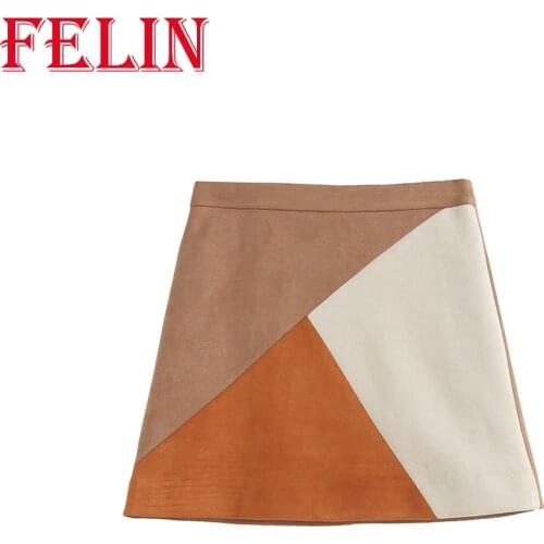 FELIN Za New Women Suede Skirt High Waist Streetwear Patchwork Mini Skirts Contrast Short Elegant Vintage Mujer Faldas