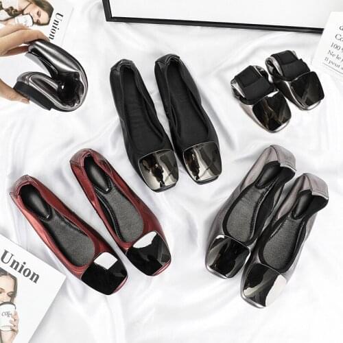 Flat Bottom Shallow Mouth Shoes Womens Square Buckle Casual Shoes New Leather Soft-Soled Shoes