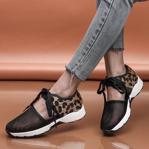 Rimocy 2021 Summer Women Hollow Out Sport Shoes Leoprd Mesh Breathable Sneakers Woman Comfortable Lace Up Ladies Casual Flats