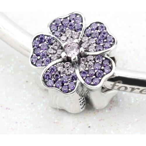 925 Sterling Silver Blossom Flower Charm with Purple CZ Charm Bead Fit Pandora Original Bracelet DIY Jewelry for Women Girls
