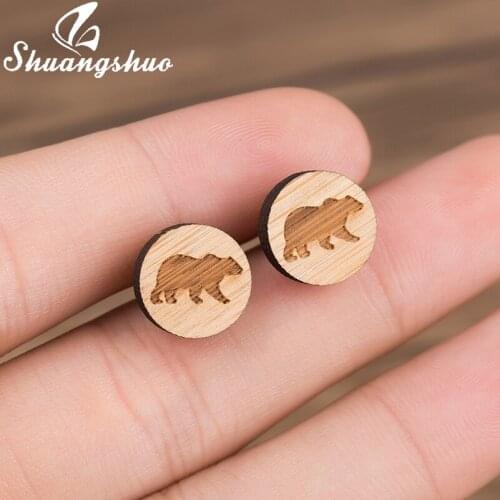 Shuangshuo Handmade Cartoon Bear Stud Earrings for Women Girls Cute Wooden Laser Engrave Bear Ear Studs Wholesale Jewelry