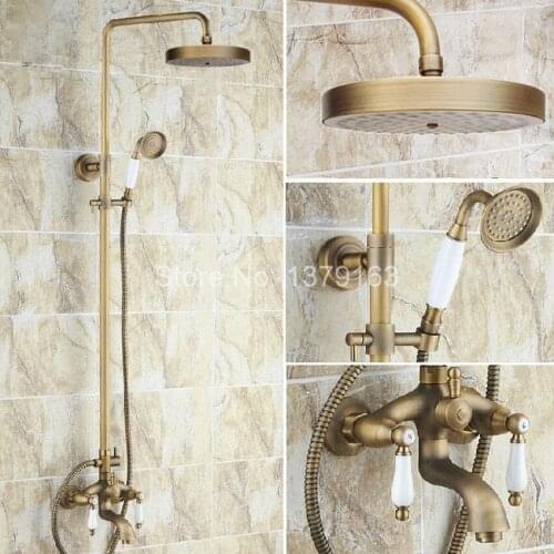 Bathroom Rain Shower Faucet Set Antique Brass Double Ceramics Lever Tub Mixer Tap + Rainfall Shower Head + Handshower ars165