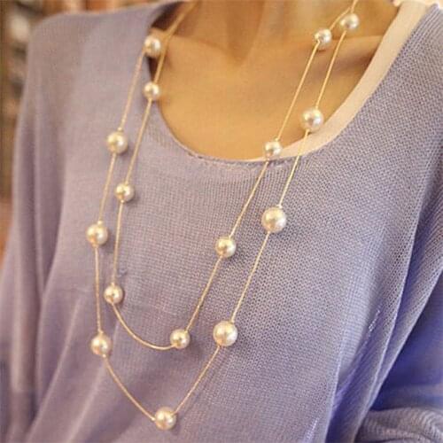 Pearls Long Chain Necklace for Women Double Layer Sweater Chain Lady Clavicle Collar Jewelry Party Wedding Prom Necklaces