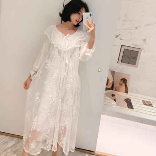 Gauze Cotton Womens Nightgowns Lace Long Sleepwear Elegant Female Vintage Princess Night Dress Home Wear
