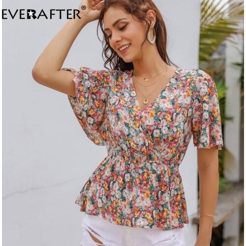 EVERAFTER Vintage v-neck floral print women blouse shirt sexy holiday beach ruffles Elegant slim female blouses tops summer 2020