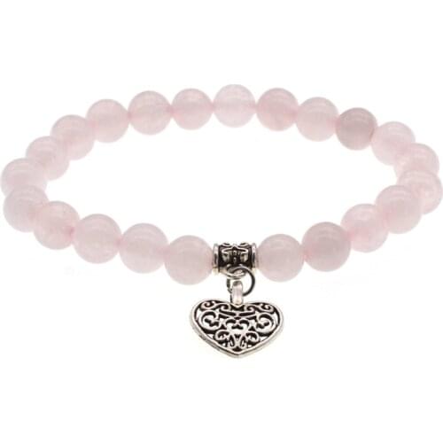 Pink Quartz Heart Charm Bracelets 8mm Beaded Healing Crystal Chakra Yoga Bracelet Woman mujer femme jewelry