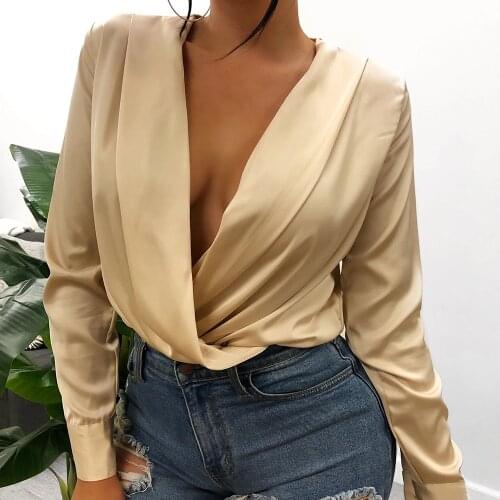 Women Satin Bodysuits Deep V Neck Long Sleeve Blouse Sexy Jumpsuits Playsuit French Style One Piece Overalls for Women Onesies