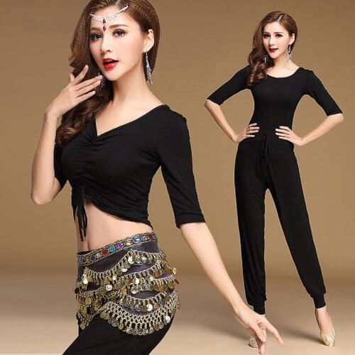 2020 New Style Women 3-Piece Belly Dance Costume Top Pant Belt Sexy Belly Dancer Practice Show Wear Bollywood Dance Costumes