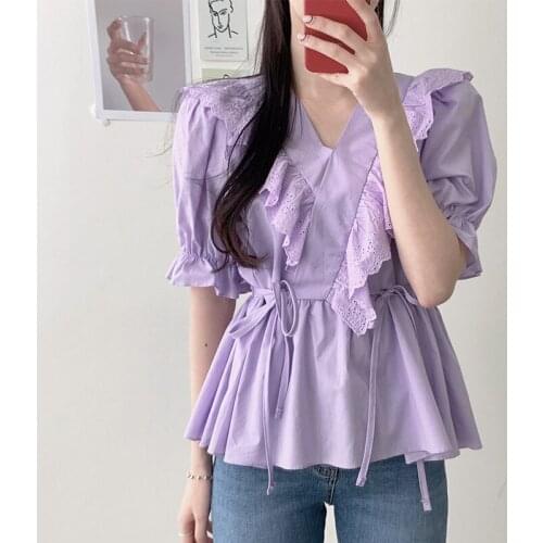 Summer new lace tops women V-neck temperament fashion commute crop top women Short sleeve women tops