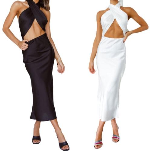 Women Dress, Sleeveless Off Shoulder Wrapped Party Slimming Neck-Hanging Pleated Summer Slim Fit Dress for Party, Shopping