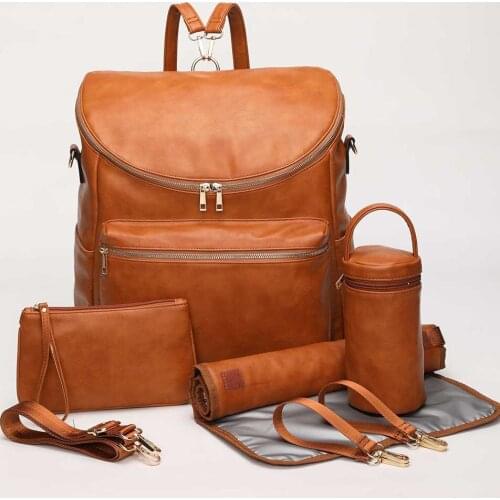 2020 Baby Diaper Bag Solid PU Leather Mummy Maternity Bag Large Capacity Travel Back Pack Stroller Bags with Changing Pad