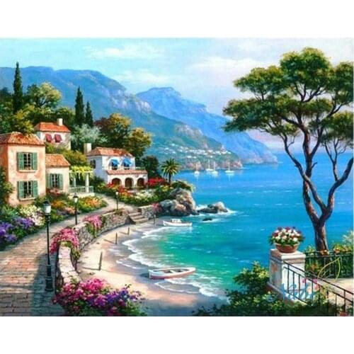 5D Diamond mosaic full diamond embroidery beads Beautiful Seaside Town Trees diamond cross stitch Square diamond unfinished