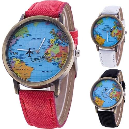 75% HOT SALES!!! Womens World Map Dial Denim Fabric Strap Analog Quartz Students Wrist Watch