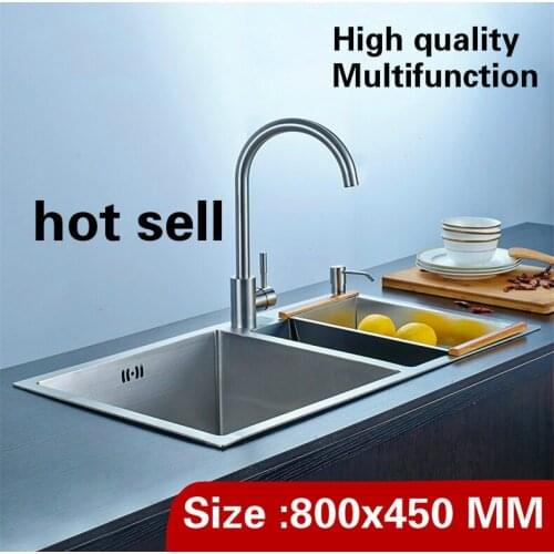 Free shipping Kitchen manual sink double groove multifunction vogue wash vegetable durable 304 stainless steel 800x450 CM