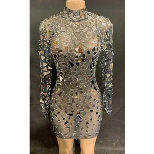 Flashing Mirrors Black Mesh Dress Womens Birthday Celebrate Dancer Costumes Nightclub Party One-piece Outfit Bar Singer Dresses