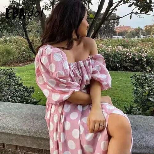 Foridol Polka Dot Pink Vintage Dress Women Lantern Sleeve Slit Long Dress Elegant Summer Maxi A-line Boho Dress Women Clothing