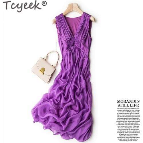 Tcyeek Summer Vintage Dress Women 100% Real Silk Dresses 2020 Korean Elegant Long Sexy V Neck Vestidos Ladies Boho Party Dress