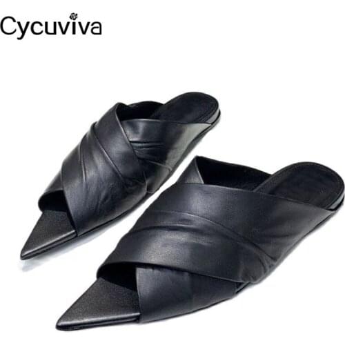 Summer Flat Slippers Women Black Leather Mules Peep Toe Beach Shoes Women Designer Cross Weave Slides Sexy Sandalias Mujer 2021