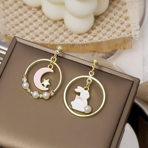 Cute Enamel Moon Rabbit Pendant Dangle Earring For Fashion Women Girl Animal Star Asymmetry Sweet Drop Ear Jewelry Gifts