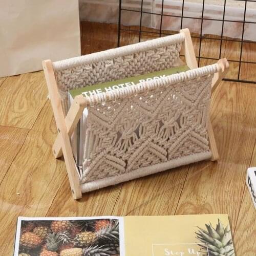 Nordic Cotton Woven Storage Basket Boho Macrame Magazine Rack Desktop Book Shelf Photo Prop