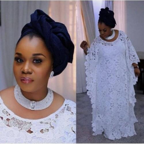 New African Fashion Womens Guipure Cord Lace Abaya Stylish KWA Dashiki Inside Skirt And Loose Long Dress 2-Piece Free Size