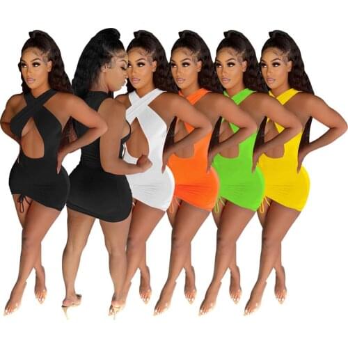 Solid Sleeveless Crisscross Halter Neck Hollow Out Dress Bodycon Ruched V Neck Mini Pencil Dress Drawstring Skinny Pleated Dress