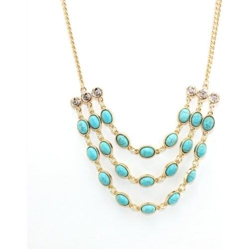 Light Yellow Gold Color Multi Layer Oval Green Turquoises Pendant Link Chain Necklace with Rhinestone Statement Jewelry