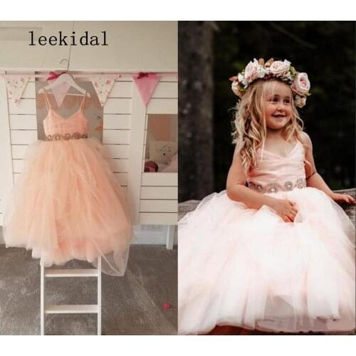 Pink Crystal Christening Gowns For Baby Girls pink Lace Appliqued Beads Baptism Dresses First Holy Communion Dresses