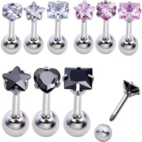 Showlove-3pcs Prong set Zircon Ear Cartilage Piercing Tragus Helix Studs Piercing Body Jewelry 16g Stianless Steel Earrings