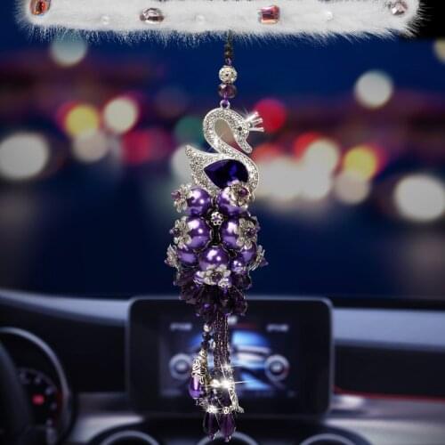 Rhinestone Swan Car Decor Pendant Ornament Crystal Car Mirror Hanging Accessories for Girl Women Cute Rear View Mirror Ornament