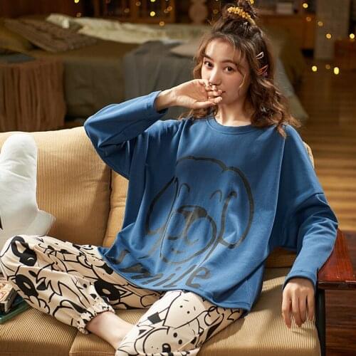 Spring Women Pajamas Set Lovely Cat Print Cotton Nightwear Long Sleeve + Pants Sleepwear Girls Fashion Autumn Homewear